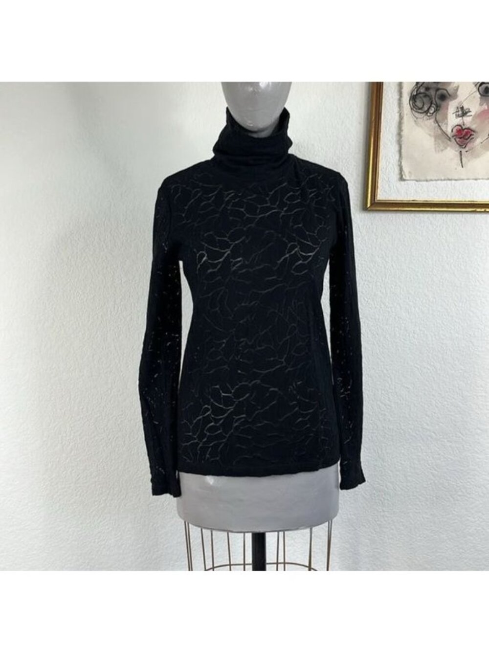 MAJESTIC Filatures Black Marble Long Sleeve Turtleneck Sheer Floral